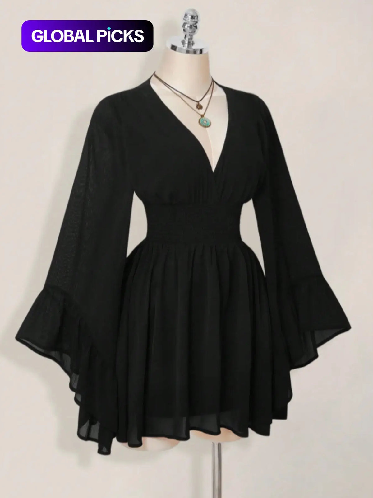 Gothic V-Neck Mini Dress - Long Sleeve Belted Fitted Dress