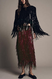 Sequin Tassel Midi Skirt – High-Rise Back Zipper Party Skirt