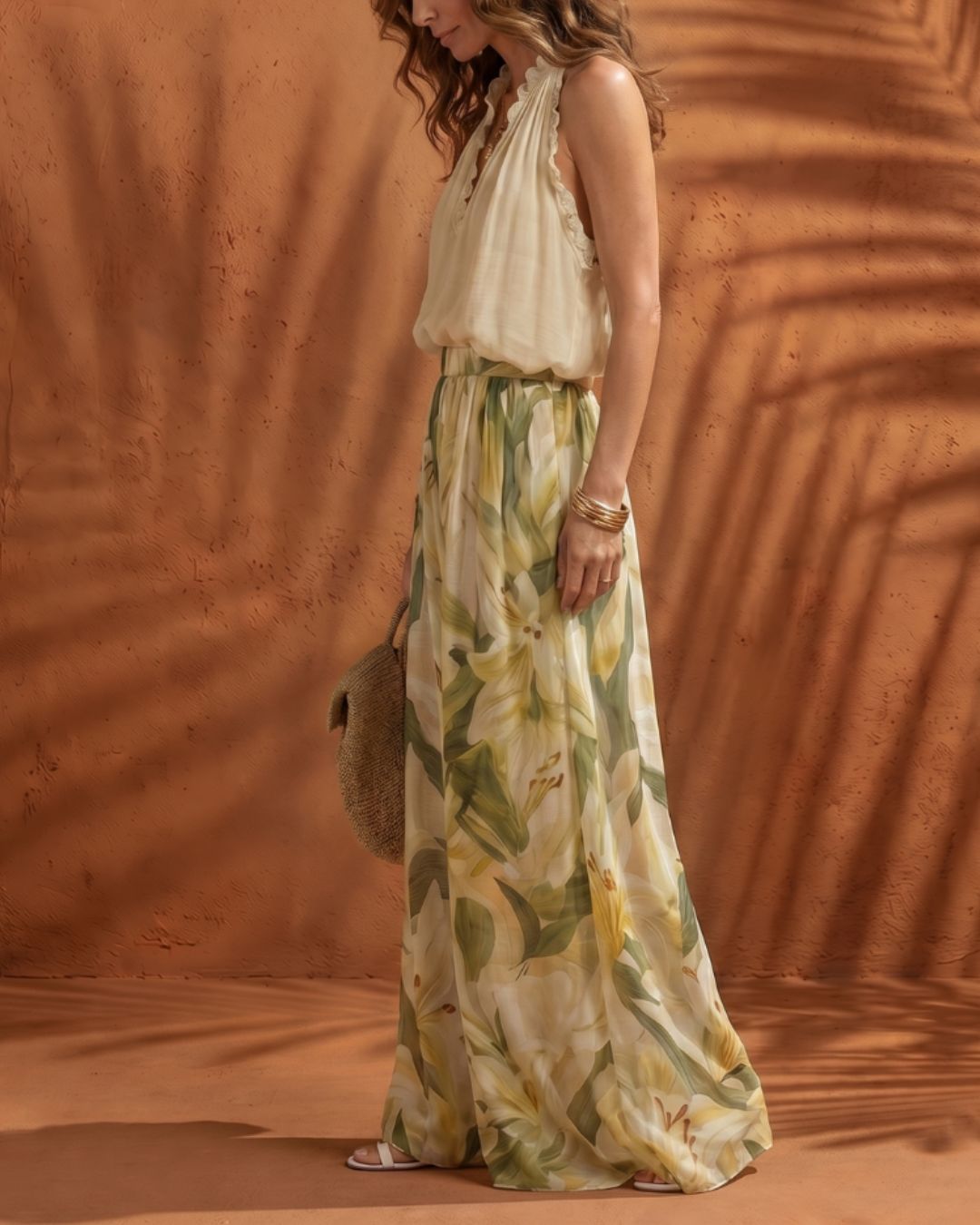 Floral Chiffon Halter Top and Wide Leg Pants Set – Boho Two-Piece