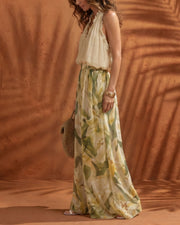 Floral Chiffon Halter Top and Wide Leg Pants Set – Boho Two-Piece