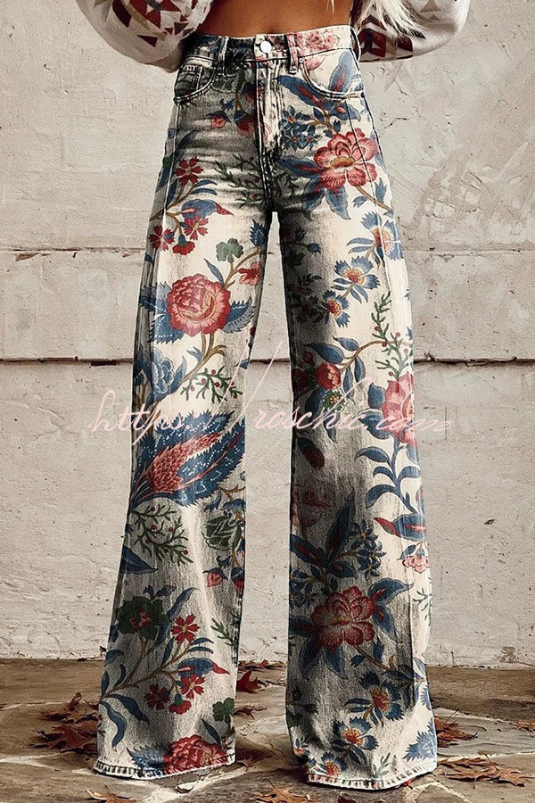 Floral Print Wide Leg Denim Pants with Pockets