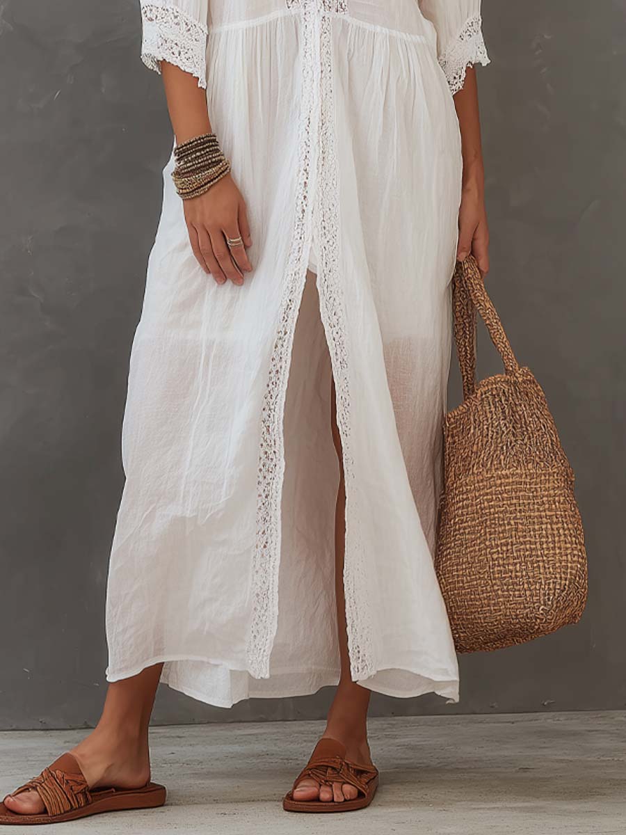 Lace-Trim Cotton Linen Shirt Midi Dress | Short Sleeve