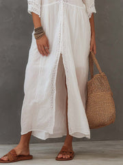 Lace-Trim Cotton Linen Shirt Midi Dress | Short Sleeve