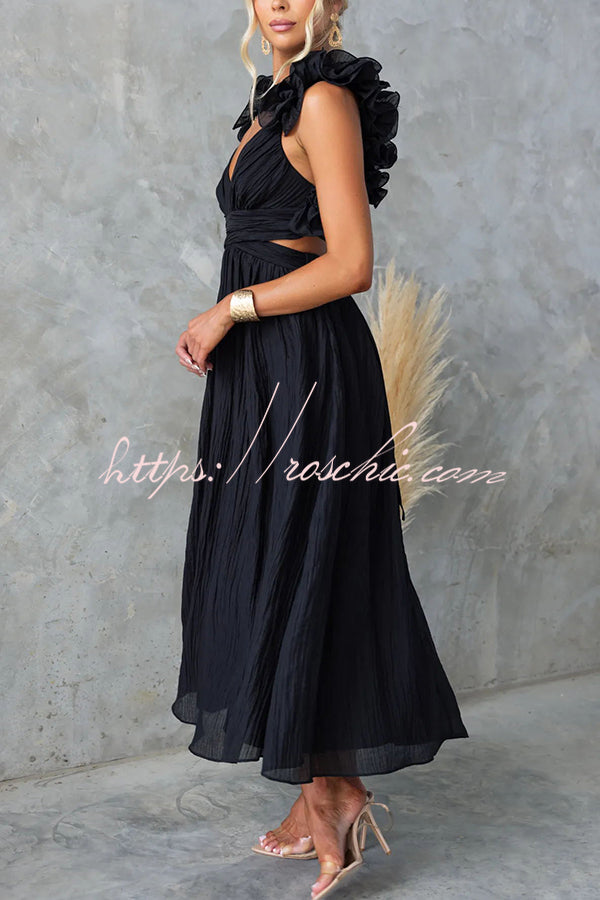 Floral Chiffon Maxi Dress with Ruffle Detail & Lace-Up Back