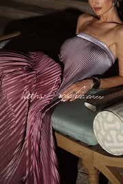 Satin Pleated Strapless Maxi Dress – A-Line Gown