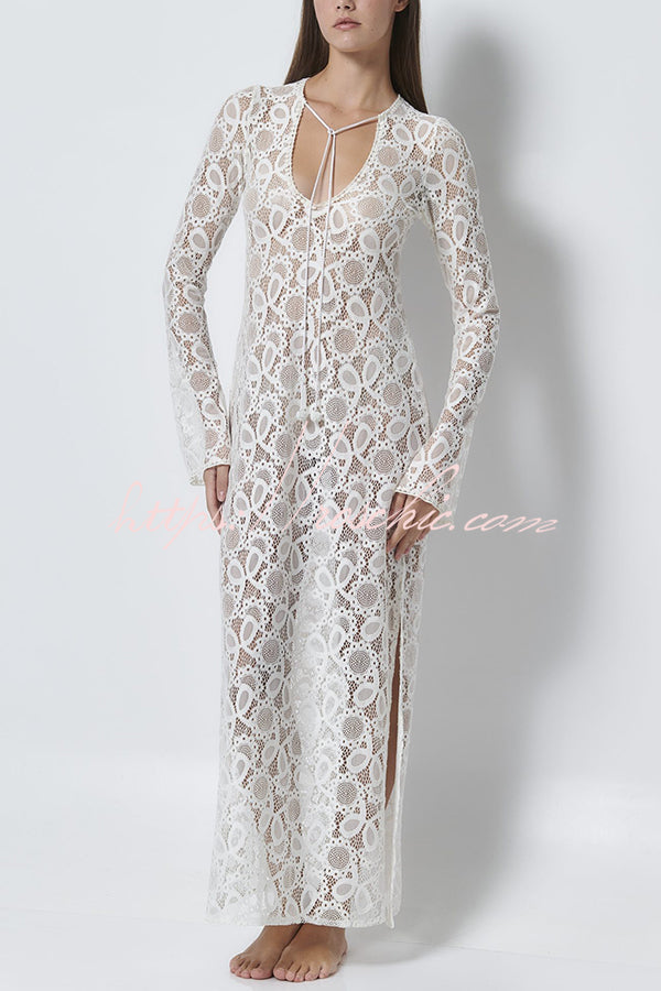 Floral Lace Long Sleeve Maxi Dress with Slit