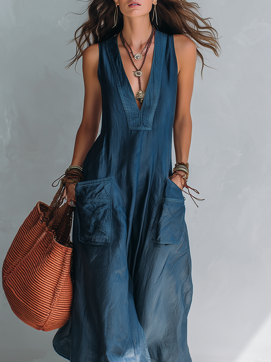 Bohemian Wide-Leg Sleeveless Jumpsuit With Pockets