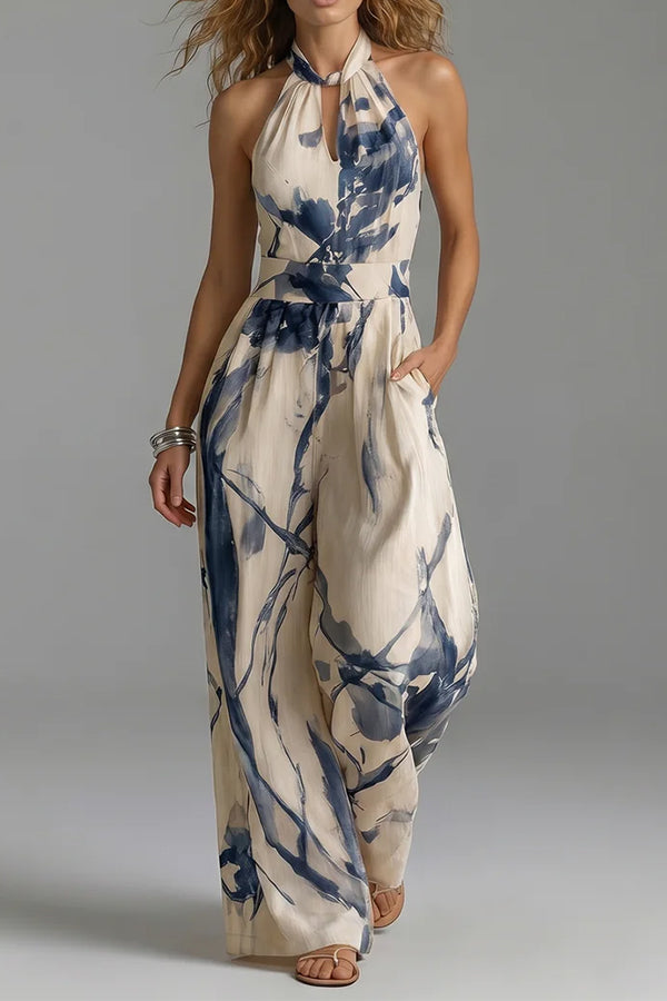 Cobalt Blue Halter Wide-Leg Jumpsuit for Women