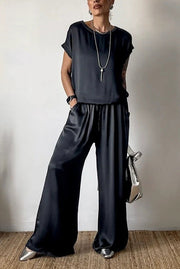 Satin Wide-Leg Pants Set with Short-Sleeve Top
