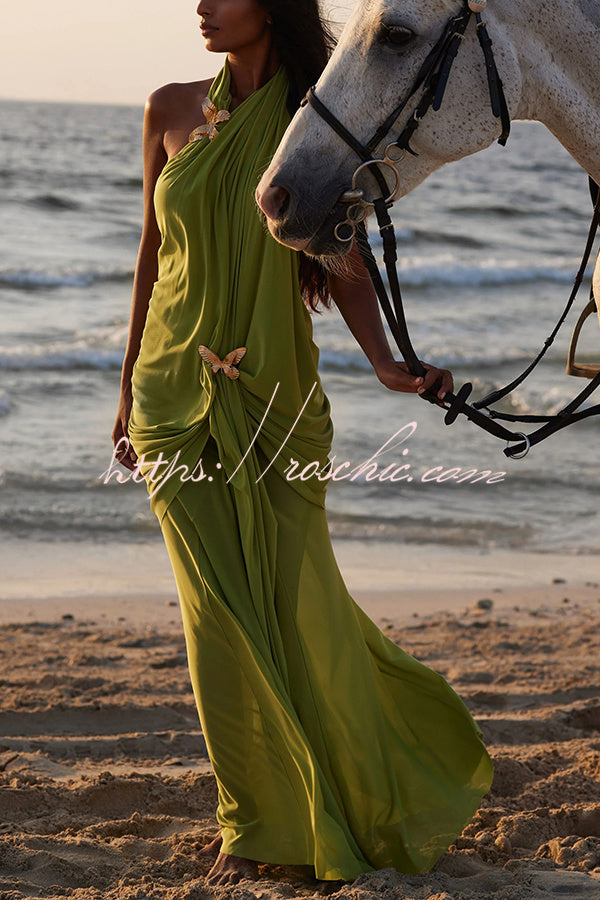 One Shoulder Mesh Maxi Dress with Butterfly Metal Clips