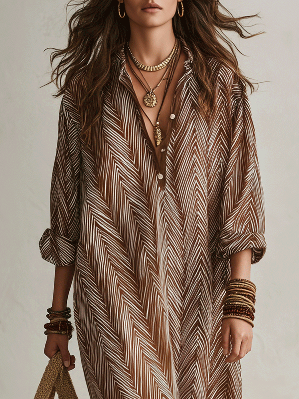Robe longue bohème à imprimé chevrons marron cacao