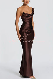 Satin One-Shoulder Pleated Maxi Dress for Party Wear