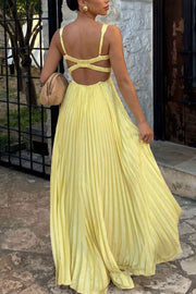 Sleeveless V-Neck Backless Pleated Maxi Dress