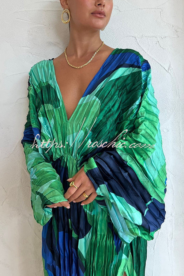 Tropical Print Kimono Sleeve Pleated Cocoon Maxi Dress