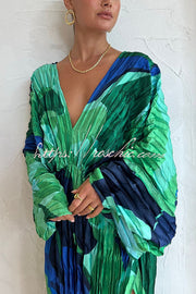 Tropical Print Kimono Sleeve Pleated Cocoon Maxi Dress