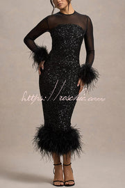 Sequin Feather Trim Midi Dress – Long Sleeve Party Dress
