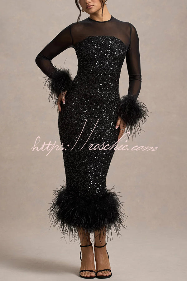 Robe midi à bordure en plumes et sequins – Robe de soirée à manches longues