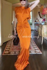 Satin Maxi Dress Short Sleeve Ruched Waist V-Back Gown