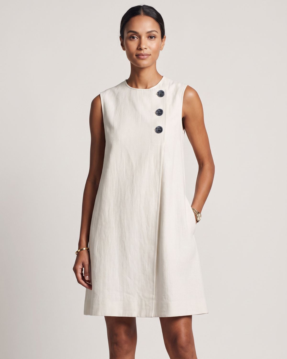 Linen Round Neck Buttons Mini Dress