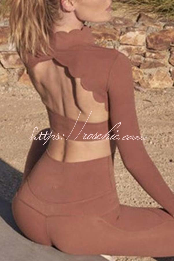 Open Back Long Sleeve Yoga Crop Top with Petal Trim