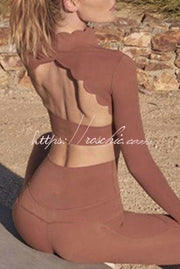 Open Back Long Sleeve Yoga Crop Top with Petal Trim