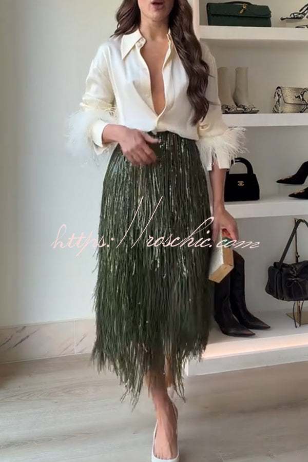 Feather Trim Long Sleeve Blouse – Loose Fit Party Top