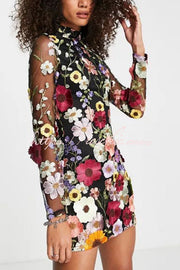 Floral Applique Backless Mini Dress with Long Sleeves