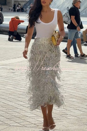 Sequin Midi Skirt with Layered Tassels and Back Slit