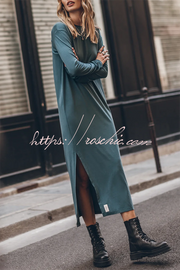 Cotton Blend Long Sleeve Midi Dress – Relaxed Fit