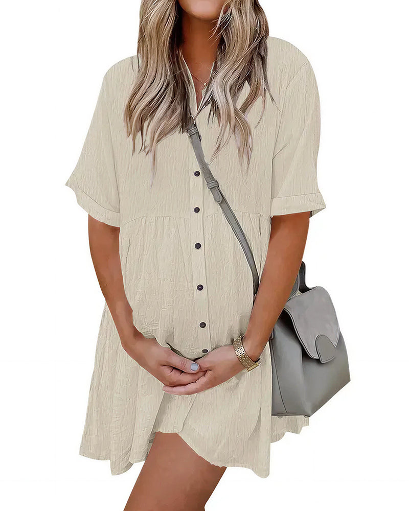Effortless Button-Down Short Sleeve Shirt Dress with Pockets