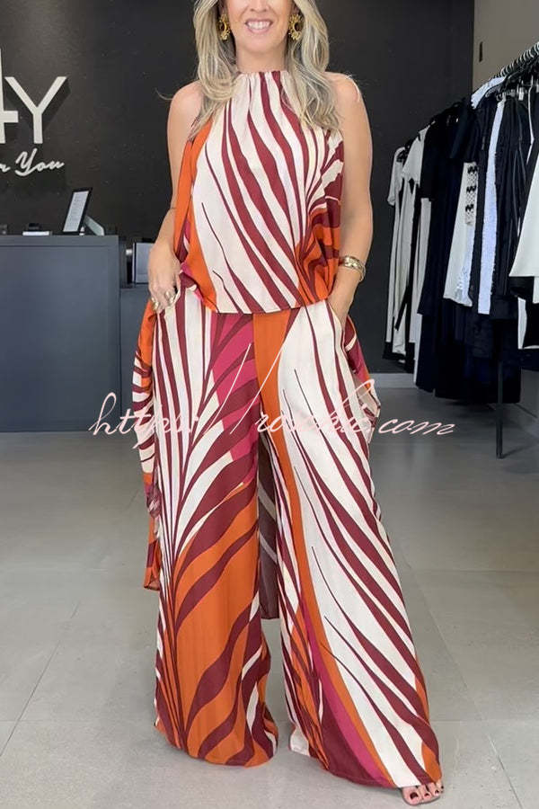 Printed High Low Halter Top & Wide Leg Pants Set