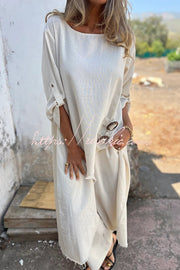 Linen Blend Midi Blouse and Wide-Leg Pants Set