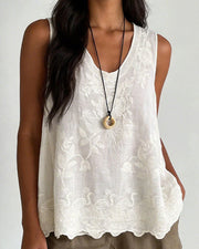 Vintage Floral Embroidered Cotton Linen Sleeveless Top