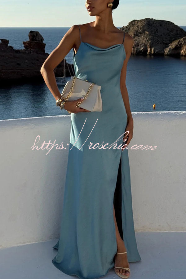 Satin Draped Neck Backless Ruffle Slit Maxi Dress