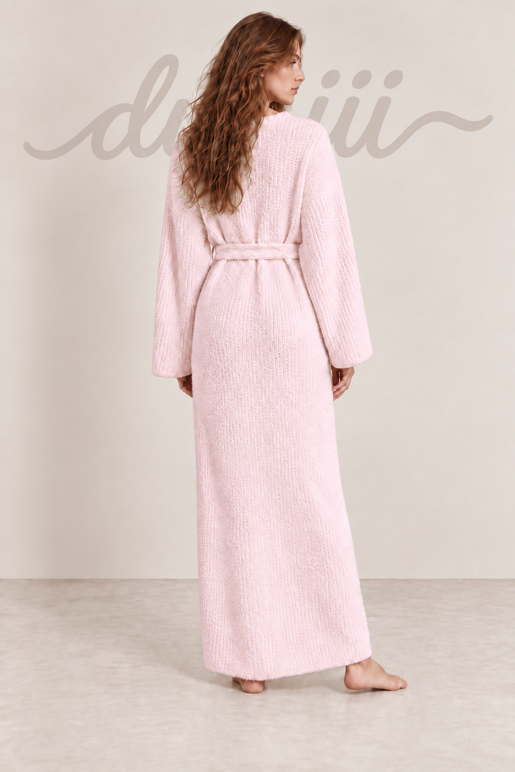 Textured Knit Full-Length Robe with Tie Belt