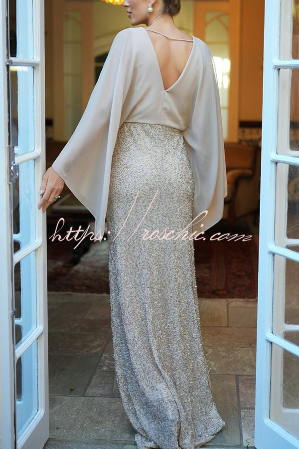Chiffon Batwing Sleeve Floral Embroidered Sequin Maxi Dress