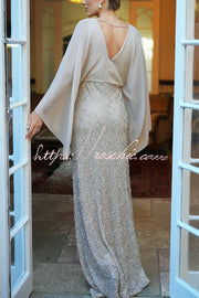 Chiffon Batwing Sleeve Floral Embroidered Sequin Maxi Dress
