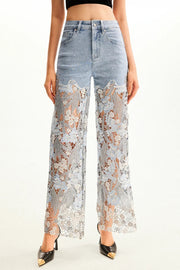 Lace Openwork Straight-Leg Jeans with Pockets