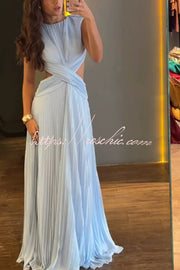 Pleated Chiffon Crossover Cutout Open Back Maxi Dress