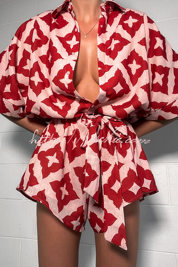 Linen Blend Printed Button Belted Loose Romper