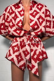 Linen Blend Printed Button Belted Loose Romper