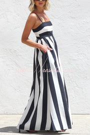 Robe longue rayée color-block avec col carré et poches
