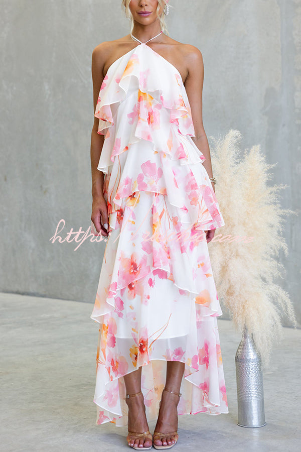 Chiffon Floral Print Halter Maxi Dress with Tiered Ruffles