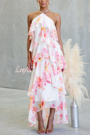 Chiffon Floral Print Halter Maxi Dress with Tiered Ruffles