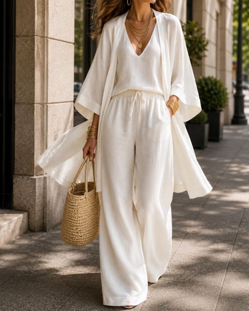 Sleeveless V-Neck Wide-Leg Three-Piece Set