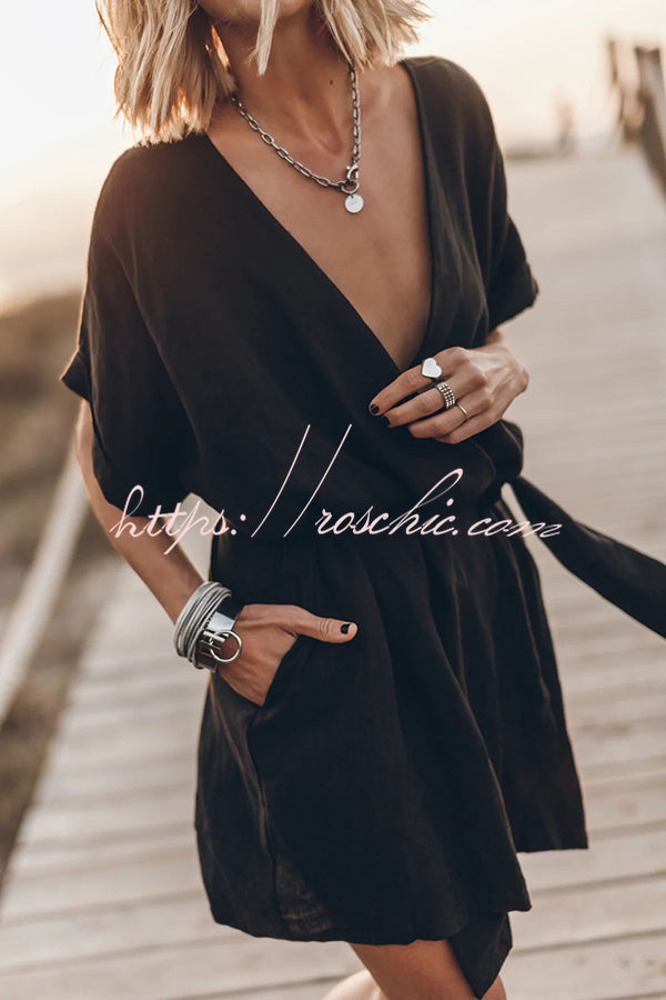Cotton Linen Blend Kimono Mini Dress with Belt & Pockets
