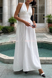 Linen Blend Halter Neck Backless Maxi Dress