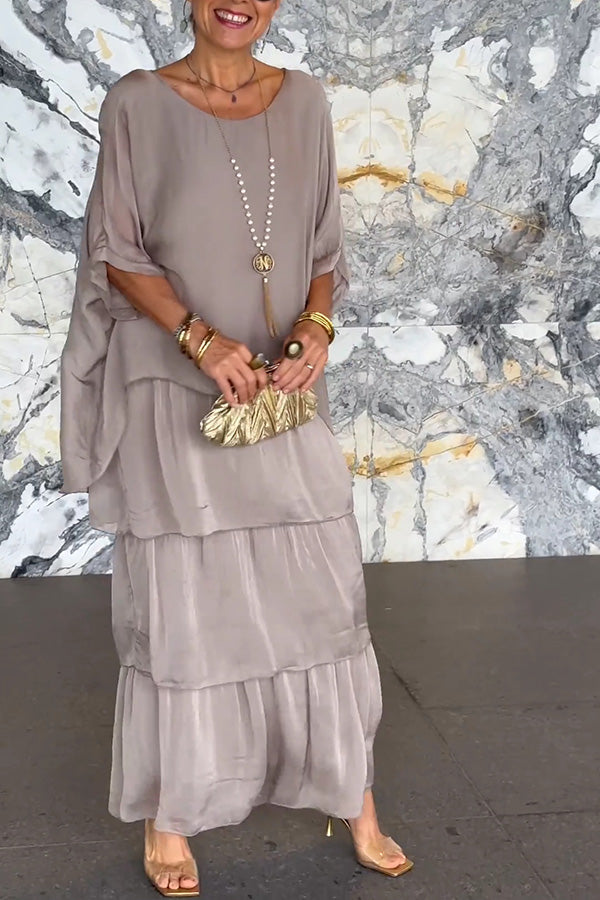 Chiffon Maxi Dress – Loose Tiered Batwing Sleeve Crew Neck
