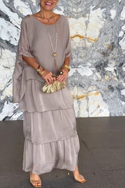 Chiffon Maxi Dress – Loose Tiered Batwing Sleeve Crew Neck