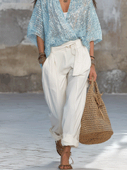 Light Blue Sequin Top and White Tie-Waist Pants Set